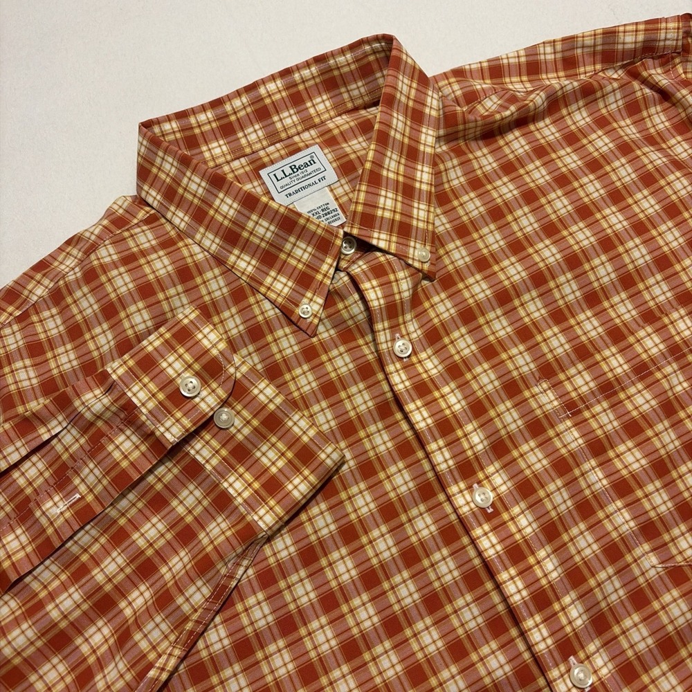 LL Bean Mens Button-Down Shirt Size XXL Traditional Fit Long Sleeve Plaid Orange